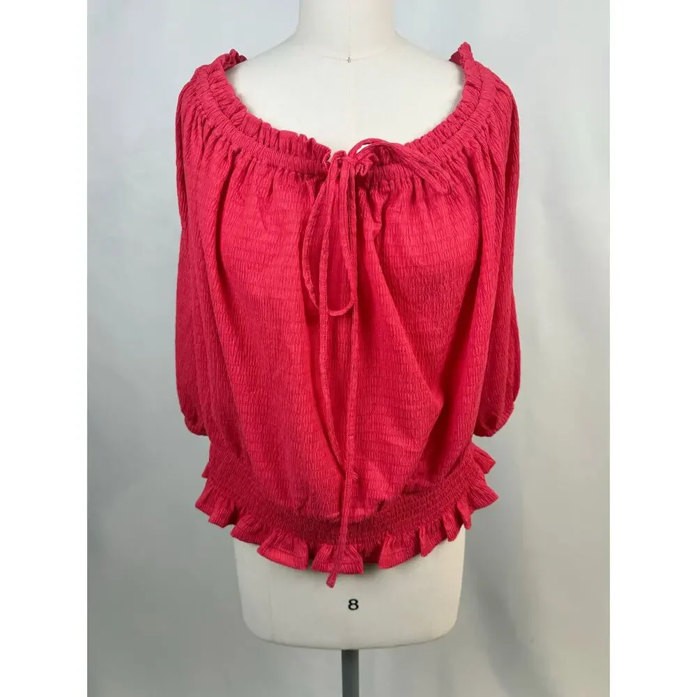 Michael Kors 2X Red Smocked Off Shoulder Peasant Blouse NWT Ruffle Hem Plus Size